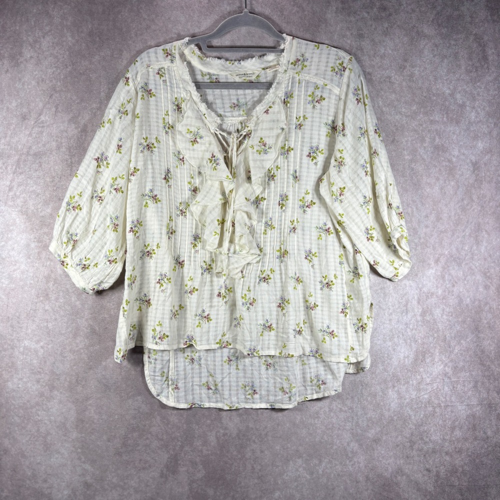 Denim & Supply Ralph Lauren Blouse Womens Small White Floral Ruffle Lace Up Boho